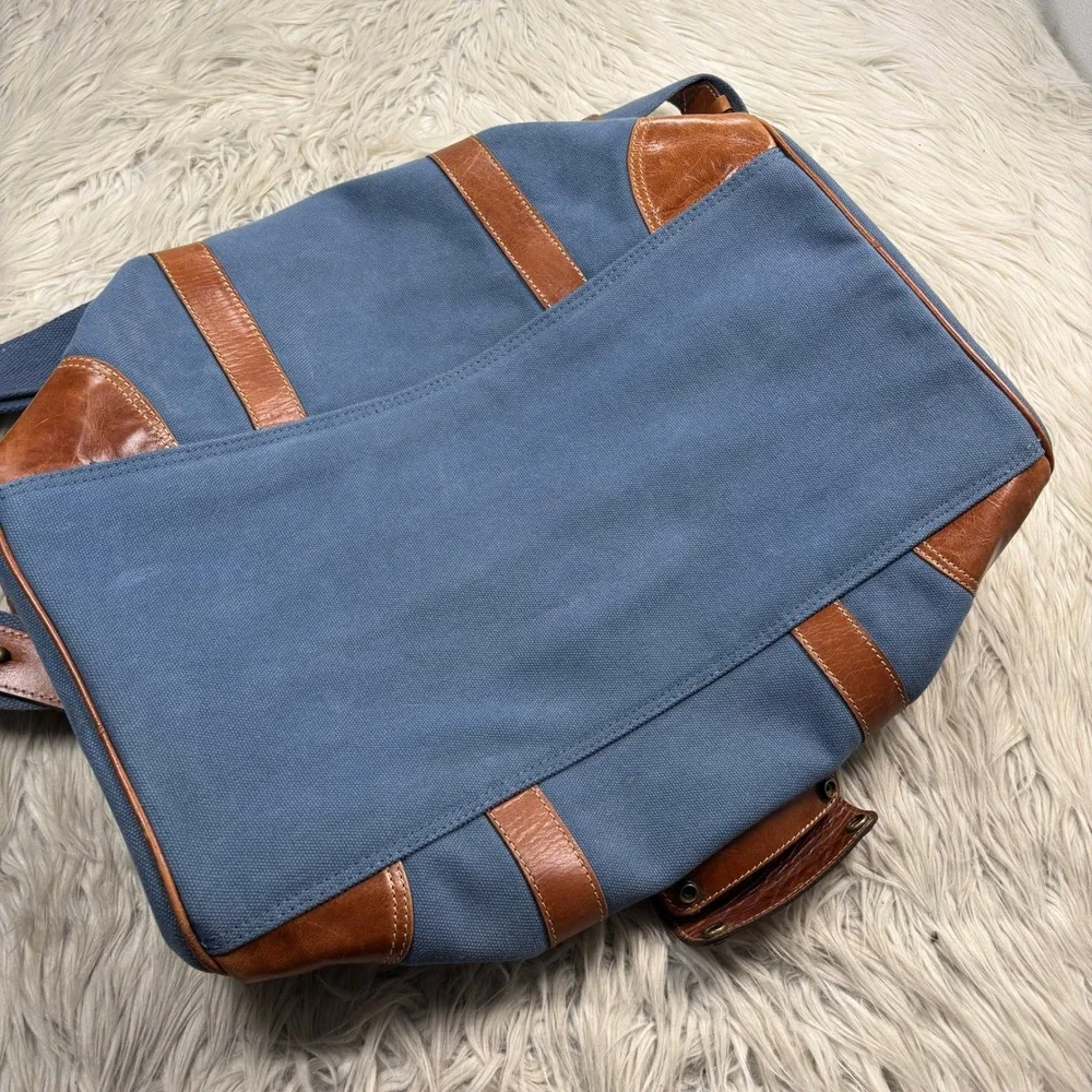 Vintage Fossil Blue Canvas Brown Leather Duffle Bag Travel Classic Preppy Retro